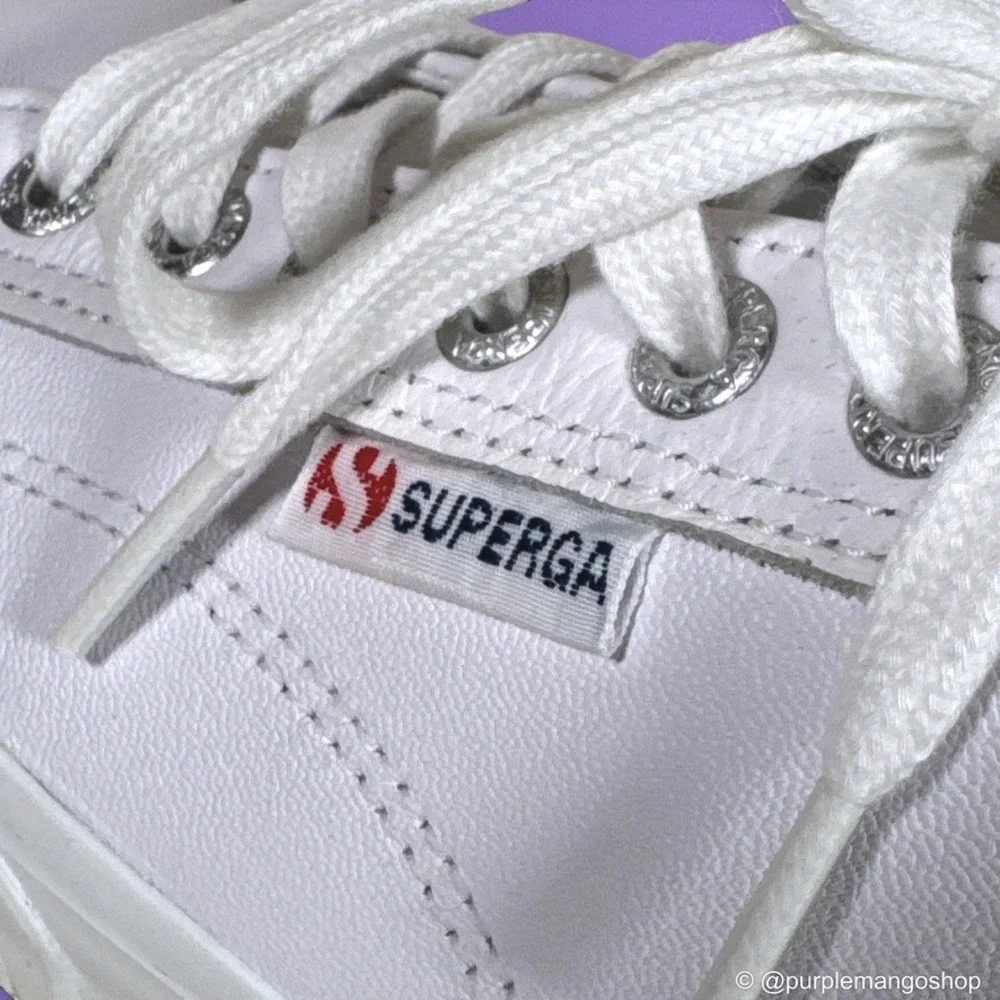 SUPERGA 2630 Stripe Nappa White Leather Platform Lace Up Casual Sneakers Women 8